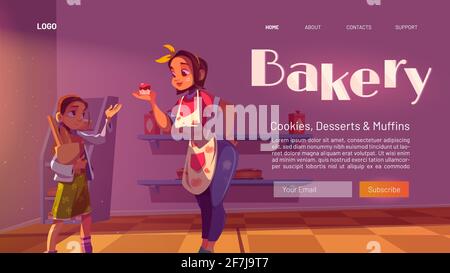 Bakery cartoon landing page, fresh bake house production cookies, desserts and muffins. Woman owner giving cake to little girl customer holding shopping package. Confectionery shop vector web banner Stock Vector