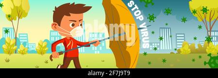 Stop virus banner. Coronavirus and infection protection, quarantine and health safety concept. Vector cartoon poster with boy in mask with umbrella protects from covid 19 spread on city background Stock Vector