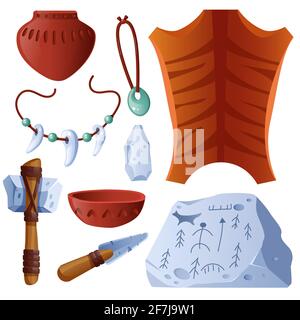 Prehistoric objects set animal skin, clay pot and bowl, amulets with teeth, weapon ax or knife and rock with petroglyphs. Stone ages tools isolated on white background, Cartoon vector icons set Stock Vector