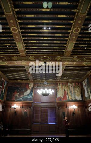 Abbey Room Murals of The Quest and Achievement of the Holy Grail by Edwin Austin Abbey inside McKim Building of Boston Central Library.Boston.Massachusetts.USA Stock Photo