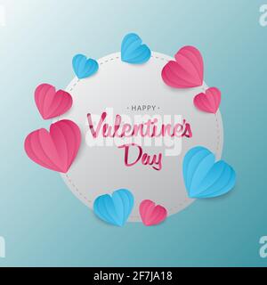 Valentines day Greeting Background with Pink and Blue Paper Hearts and 3d Calligraphy Text Stock Vector