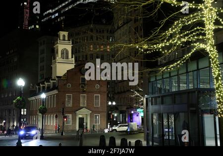 Night view of Old State House in downtown Boston.Massachusetts.USA Stock Photo