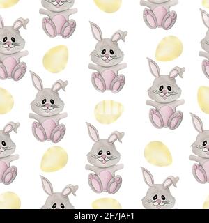 Watercolor seamless pattern with cute cartoon Easter bunnies and yellow Easter eggs, watercolor Easter illustration for fabric, wrapping or background Stock Photo
