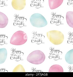 Watercolor seamless pattern with multicolored Easter eggs and happy Easter text lettering, Easter template for wallpaper, wrapping paper, scrapbooking Stock Photo