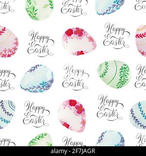 Easter eggs seamless pattern, watercolor Easter illustration with floral eggs and happy Easter hand lettering, Easter decoration for fabric, wrapping Stock Photo