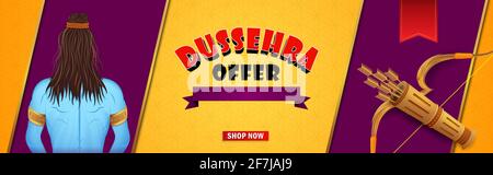 Dussehra festival sale or offer banner or cover design with date and discount space and vector illustration of Lord Rama, bow and arrow on Orange yell Stock Vector