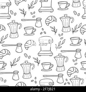 Hand drawn seamless pattern of different types coffee cup, mug, pot, coffee machine. Doodle sketch style. Isolated vector illustration for coffee shop, cafe wallpaper, background, textile design. Stock Vector