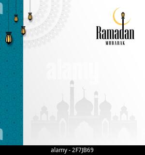 Ramadan Kareem Beautiful Elegant Wallpaper on white background with Lighting Lantern Lamp, Masjid and Arabic Pattern Stock Vector
