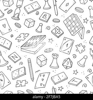 Hand drawn seamless pattern of board game element, cards, chess, hourglass, chips, dice, dominoes. Doodle sketch style. Isolated vector illustration for for board game shop, store. Stock Vector