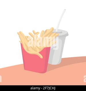 french fries and cola on table isolated on white background with pastel color illustration vector Stock Vector