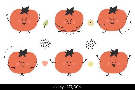 Hand drawn cute funny happy red tomato set. Childish cheerful character. Healthy fruit collection. Sweet and tasty. Vector illustration Stock Vector