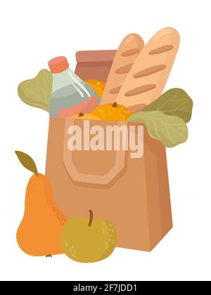 Hand drawn paper bag with food. Shopping in supermarket. Fresh organic shop. Product delivery. Water bottle, bread, fruits, vegetables. Vector Stock Vector