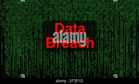 Data Breach. Red text with Data Breach against matrix-style green text background Stock Photo