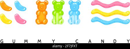 Gummy bear, jelly bean and jelly worms sweet candy set with amazing flavor flat style design vector illustration. Bright colorful jelly delicious swee Stock Vector