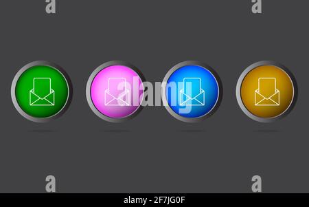 Very Useful Editable Open Mail Line Icon on 4 Colored Buttons. Stock Photo