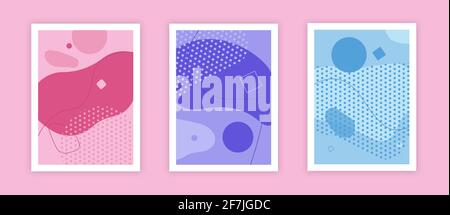 Creative fluid style poster set. dynamic 3D shapes on light yellow background. ideal for party, banner, cover, print, promotion, sale, greeting, ad, w Stock Vector