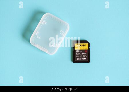 GRANADA, ANDALUSIA, SPAIN. APRIL 7TH, 2021. Sony SF-G Tough 128gb The fastest SD card for writing data Stock Photo