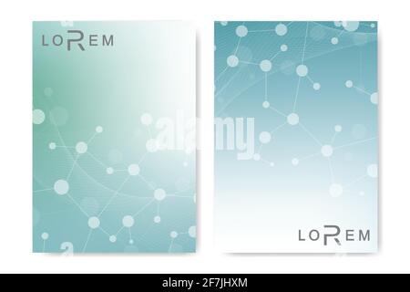 Scientific brochure design template. Vector flyer layout, Molecular structure with connected lines and dots. Scientific pattern atom DNA with elements Stock Vector