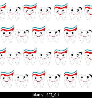 Smiling and upset cartoon teeth seamless pattern Stock Vector