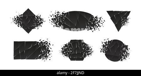 Shape shattered and explodes flat style design vector illustration set isolated on white background. Triangle, hexagon, ellipse, rectangle and rhombus Stock Vector