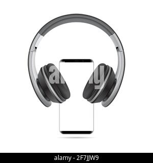 Head phone mockup. 3d smartphone blank, headset isolated. Cellphone frame template, portable device with white screen for new app, modern gadget displ Stock Vector