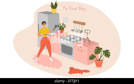 Food blogger. Young woman records video. Chef is cooking in kitchen. Housewife holds frying pan and stands by stove. Cartoon vector illustration Stock Vector