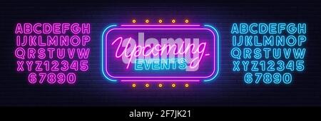 Upcoming Events neon sign on brick wall background. Pink and blue neon alphabets. Stock Vector