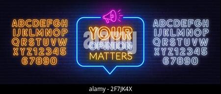 Your opinion matters neon sign. Neon yellow and white alphabet on brick wall background. Stock Vector