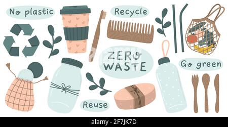 Recycle and reusable collection of zero waste objects: spoon, bag, cutlery, bottle straw, toothbrush, comb and face pads. Hand drawn flat style vector Stock Vector