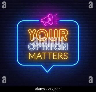 Your opinion matters neon sign on brick wall background . Stock Vector