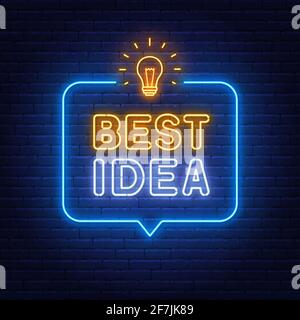 Best Idea neon sign in the speech bubble on brick wall background. Stock Vector