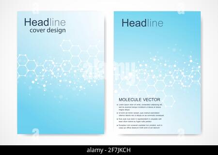 Scientific brochure design template. Vector flyer layout, Molecular structure with connected lines and dots. Scientific pattern atom DNA with elements Stock Vector