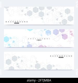 Scientific set of modern vector banners. DNA molecule structure with connected lines and dots. Scientific and technology concept. Wave flow graphic Stock Vector