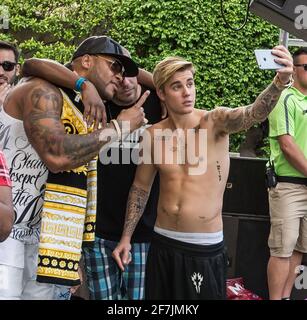 LAS VEGAS, NV - May 2: Flo Rida and Justin Bieber pictured as Justin Bieber hosts REHAB Pool party at Hard Rock Hotel & Casino in Las Vegas, NV on May Stock Photo