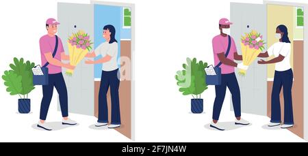 Delivery man with flowers and customer flat color vector detailed character set Stock Vector