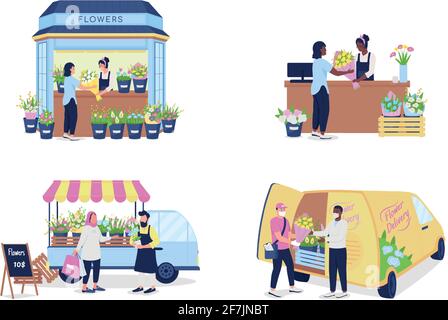 Buying and selling flowers flat color vector detailed character set Stock Vector