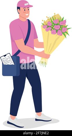 Smiling caucasian courier with bouquet flat color vector detailed character Stock Vector