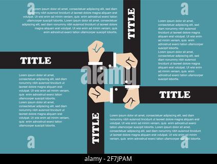 Vector page layout design of four overlapping arms holding fists in the center. Background template design for business with copy space isolated on te Stock Vector