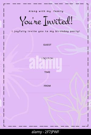You're invited written in black with white flowers, invite with details space on pink background Stock Photo
