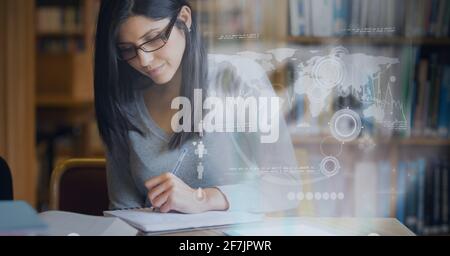 Composition of data processing over caucasian woman doing paperwork in background Stock Photo