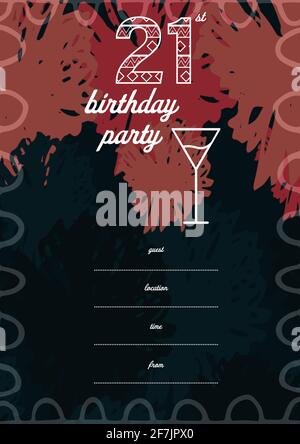 21st birthday party written in white, with cocktail glass and details, invite on brown and black Stock Photo