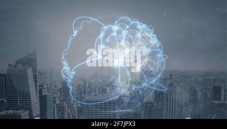 Composition of a globe with net of connections over a cityscape in background Stock Photo