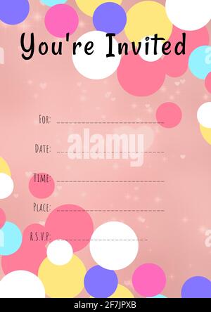 You're invited written in black with colourful circles, invite with details space on pink background Stock Photo