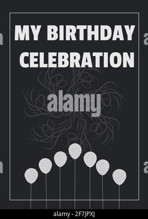 My birthday celebration written in white, with balloons and central motif on black background Stock Photo