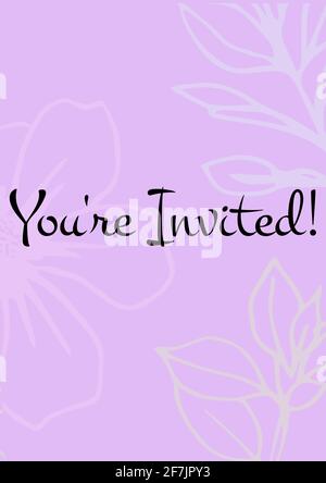 You're invited written in black letters, with white flowers on invite with pink background Stock Photo