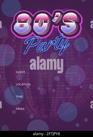 80's party written in shiny numbers and blue letters, invite with details space on purple background Stock Photo