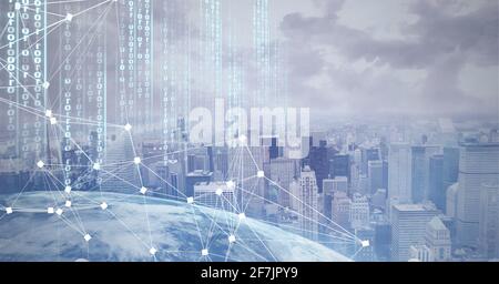 Composition of a globe with net of connections and digital interface over cityscape in background Stock Photo
