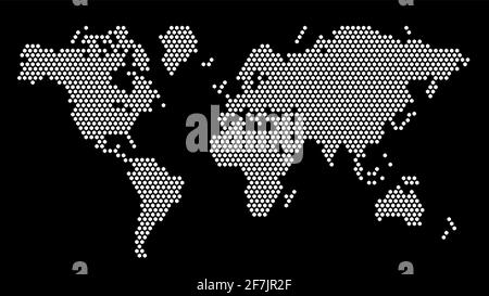 Black and white hexagonal pixel world map. Vector illustration planet Earth continents hexagon map dotted mosaic. Administrative border, land composit Stock Vector