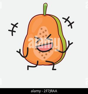 Vector Illustration of Papaya Fruit Character with cute face, simple hands and leg line art on Isolated Background. Flat cartoon doodle style. Stock Vector