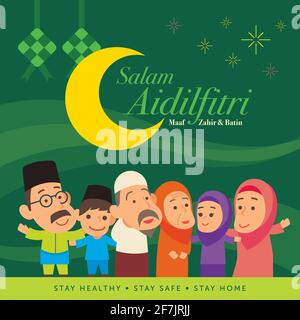 Selamat Hari Raya Aidilfitri. Cartoon cute muslim family holiday celebration after Ramadan. Translation:Translation: Festival of Breaking the Fast - v Stock Vector